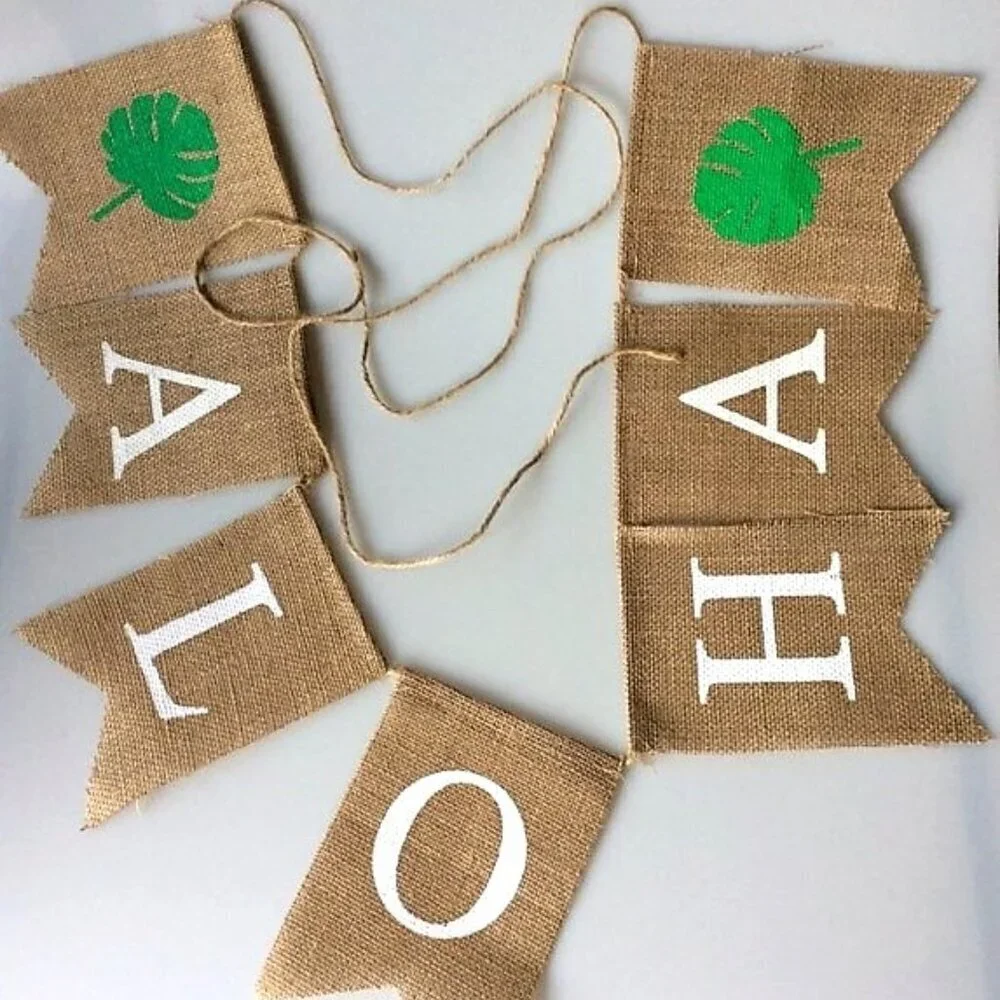 NEW ALOHO RUSTIC BURLAP BANNER PALM LEAVES HAWAIIAN TROPICAL PARTY DECOR